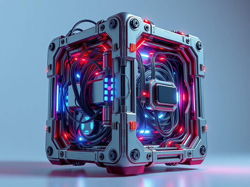 Create a highly detailed 3D render of a futuristic metallic cube with intricate wiring and glowing components, using a DSLR camera with a 50mm lens, aperture f/2.8, shutter speed 1/60s, ISO 100, in a soft studio lighting setup, with a slight low-angle view to emphasize depth and detail.