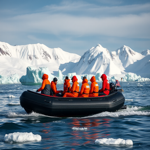 high-resolution photograph of a group in bright orange jackets on a black inflatable boat navigating icy waters with snow-capped mountains in the background, shot with a Canon EOS R5, 50mm lens, aperture f/2.8, ISO 100, 1/500s, wide-angle view, natural lighting, vibrant color enhancement