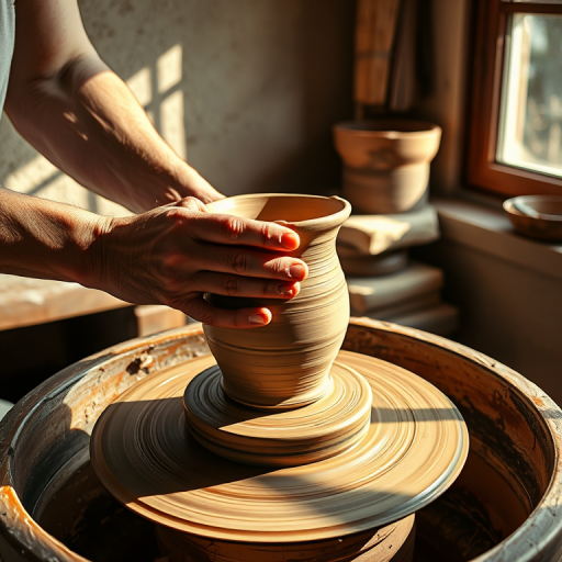 Sharp, detailed image of a pottery wheel in motion, hands shaping a vase from wet clay, sunlight streaming through a nearby window, soft shadows cast on the workbench, the smell of damp earth and the soft hum of the wheel filling the air.