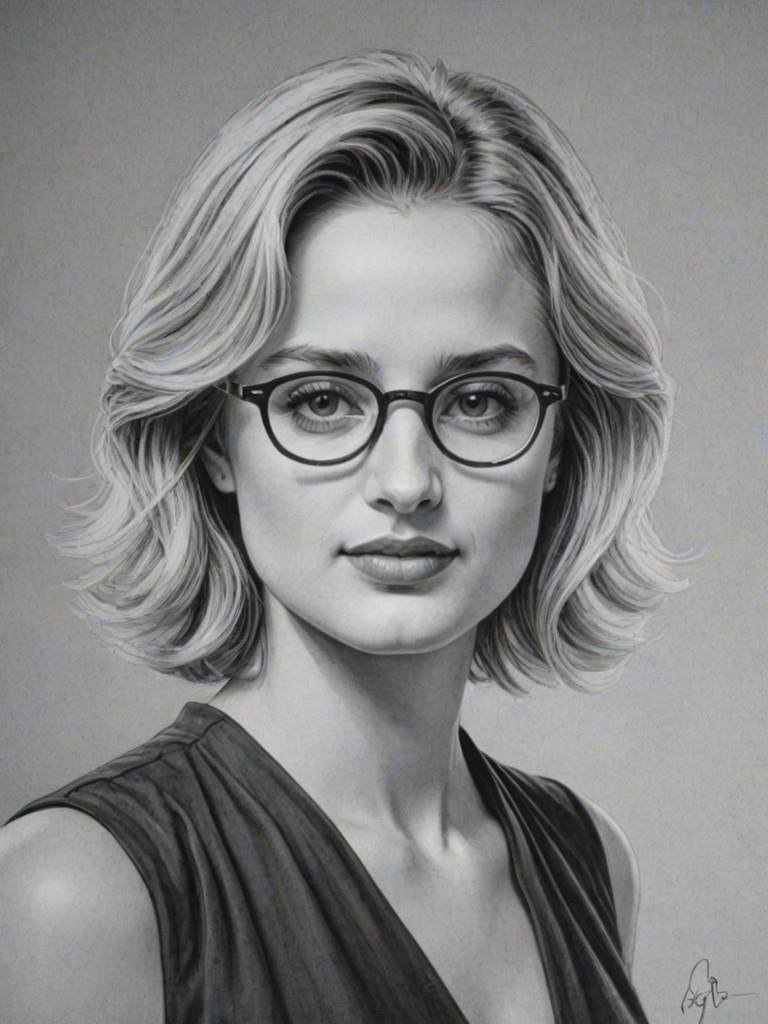 Splendid Diana Agron, pencil sketch, portrait of Comely woman 1977s in glasses, hair style beatnik, outline, clear lines, fine lines, 8k