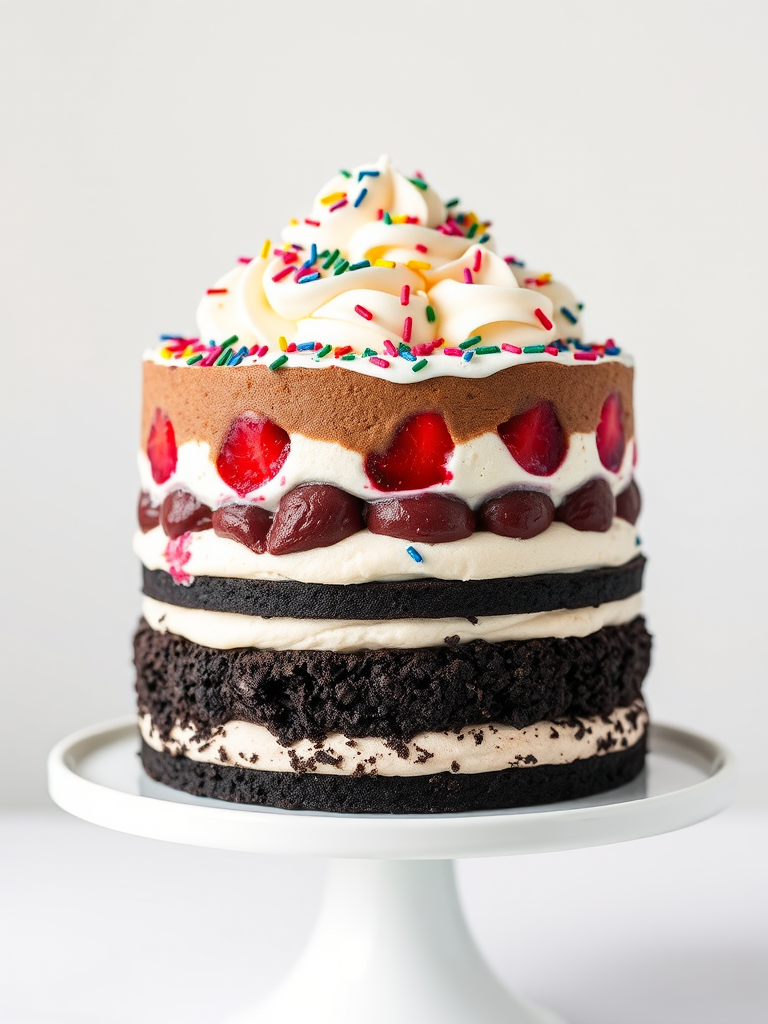 Create an image of a layered ice cream cake with distinct layers of chocolate ice cream red fruit filling and a black cookie crumble layer topped with whipped cream and colorful sprinkles on a white cake stand against a light background.