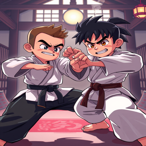 Create a dynamic illustration of two animated martial artists in a dojo setting, focusing on their expressions and poses, using a Canon EOS R5 with a 24-70mm f/2.8 lens, aperture set to f/4, ISO 100, and a focal length of 50mm, capturing a medium shot with soft diffused lighting for enhanced color vibrancy.