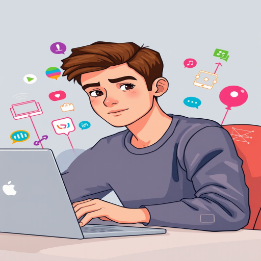 Create a digital illustration of a young man with short brown hair sitting at a desk with a laptop, surrounded by colorful icons representing technology and communication, using a Canon EOS R camera, shot in portrait mode, f/2.8 aperture, ISO 100, and a 50mm lens to enhance image quality with vibrant colors and sharp details.