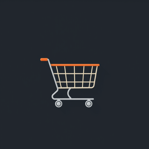 create a minimalist icon of a shopping cart with a long shadow on a dark background, using a Nikon D850 with an aperture of f/8, ISO 100, 50mm lens, and top-down view photography style for crisp detail and enhanced quality