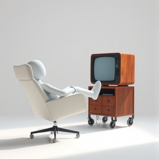 A minimalist 3D rendering of a stylized humanoid figure relaxing in a modern chair facing an old-fashioned wooden television on a wheeled cart, shot with a Canon EOS R5, 35mm lens, f/2.8 aperture, ISO 100, in a bright, well-lit studio setting with soft shadows for depth.