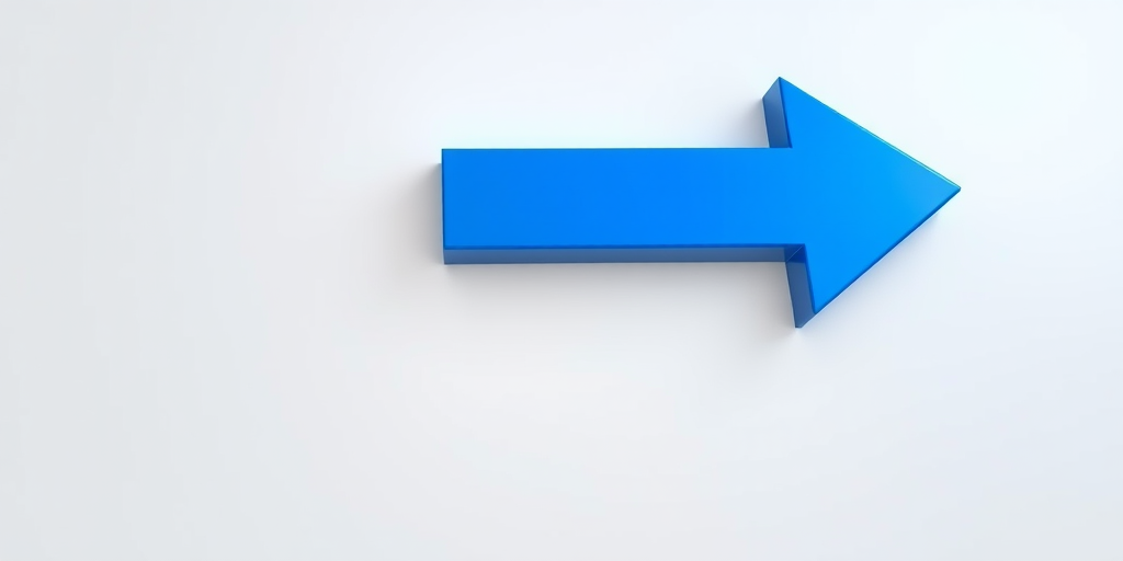 Generate a 3D-rendered blue arrow pointing left with a glossy finish, captured with a DSLR camera at f/4 aperture, ISO 100, 1/60 shutter speed, using a wide-angle lens for a slightly dramatic perspective.