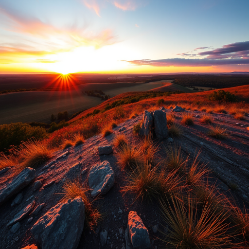 Generate a high-resolution image of a serene landscape at golden hour with vibrant colors, using a Canon EOS R5, 50mm lens, aperture f/1.8, ISO 100, shutter speed 1/200s, in a wide-angle perspective for enhanced depth and detail.