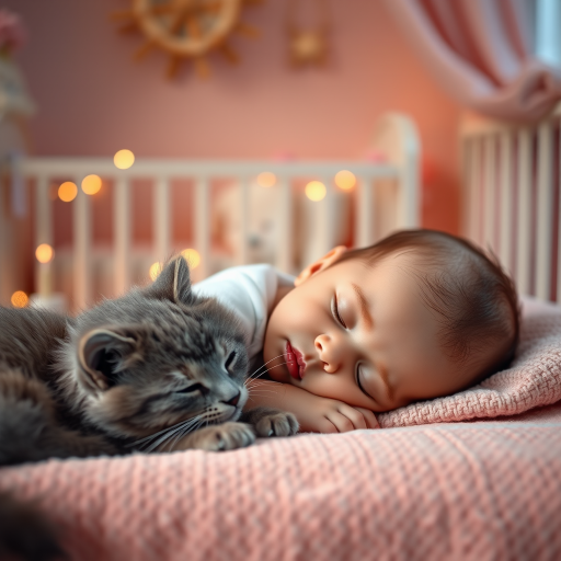 A serene scene of a sleeping baby in a cozy, softly lit nursery with warm pastel colors, peacefully resting against a fluffy gray kitten, captured with a Canon EOS R5, 50mm f/1.2 lens, f/1.8 aperture, ISO 100, with a shallow depth of field to create a dreamy bokeh effect.