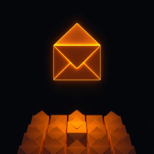 Create a glowing golden envelope floating above a grid of smaller envelopes on a dark background with a cinematic view, using a DSLR camera at f/2.8 aperture, ISO 100, 1/60s shutter speed, and a wide-angle lens to enhance image quality.