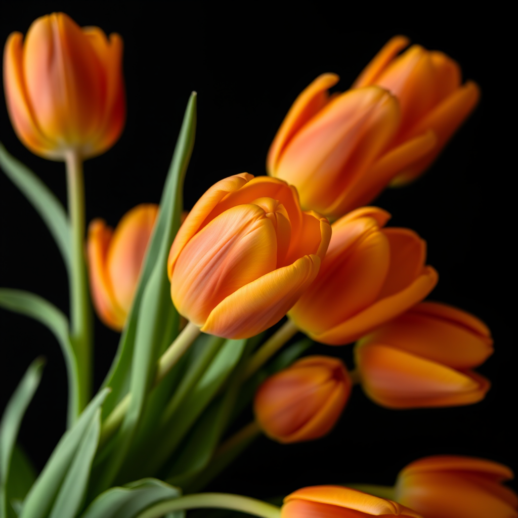 A bouquet of vibrant orange tulips with soft yellow highlights against a black background, shot with a Canon EOS R5 at f/2.8, ISO 100, 1/250s, using a macro lens to emphasize detail and texture in a shallow depth of field.