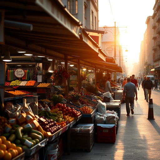 Sharp, high-resolution image of a city street market at dawn, colorful stalls selling fresh fruits, flowers, and baked goods, soft sunlight reflecting off the pavement, the distant hum of early morning activity filling the air.