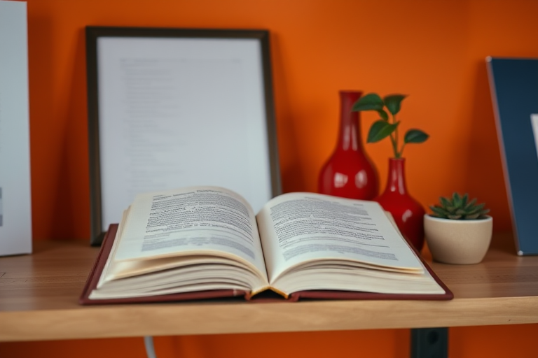 open book on a wooden shelf with a red vase and a small plant in front of an orange wall, natural light, shallow depth of field, f/2.8, 50mm lens, DSLR camera, soft focus background