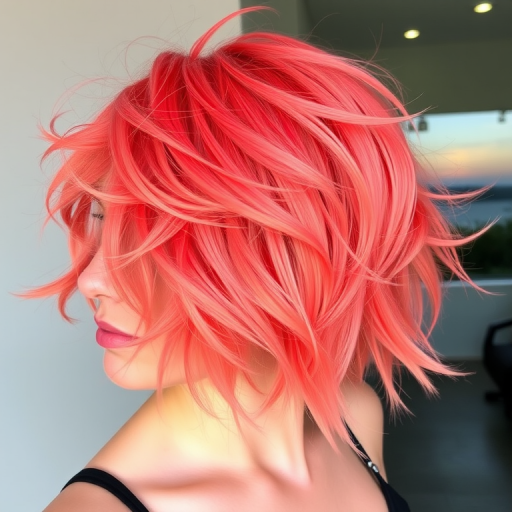 Vibrant coral feathered shag called Tropical Sunset showcasing choppy layers and wispy bangs in a gradient of warm peachy hues reminiscent of a breathtaking island sunset