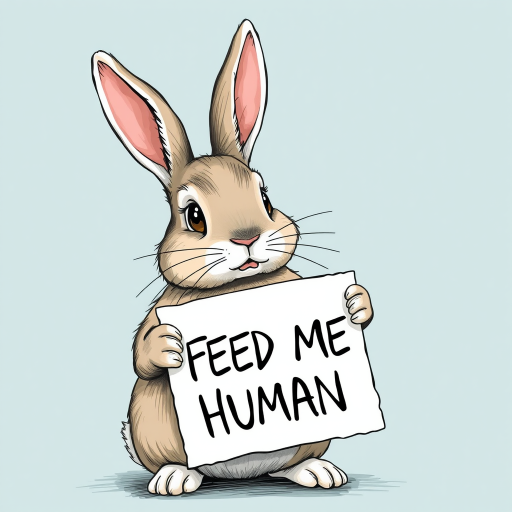 rabbit holding a note which says "FEED ME HUMAN"