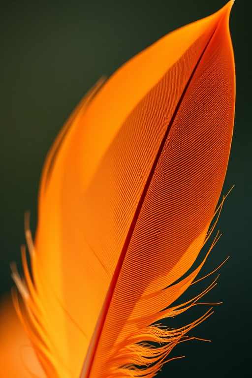 Regenerate the image of an orange feather with a smooth gradient and a sharp tip, captured with a DSLR camera at f/2.8 aperture, 50mm focal length, 1/200 sec shutter speed, in a macro style, with soft natural lighting for enhanced detail and clarity.