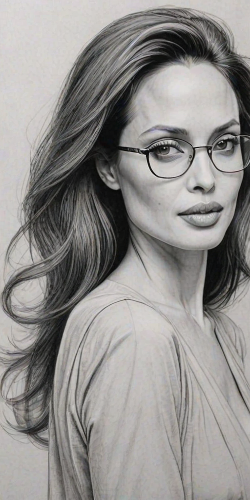 Ravishing Angelina Jolie, pencil sketch, portrait of Wonderful woman 1932s in glasses, hair style beatnik, outline, clear lines, fine lines, 8k