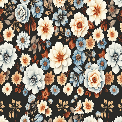 Create a high-resolution seamless floral pattern with a diamond grid layout, featuring soft blue, cream, and muted brown hues, using a Canon EOS R5 with a 50mm lens at f/8, ISO 100, shutter speed 1/125s, in natural daylight to enhance color vibrancy and detail.