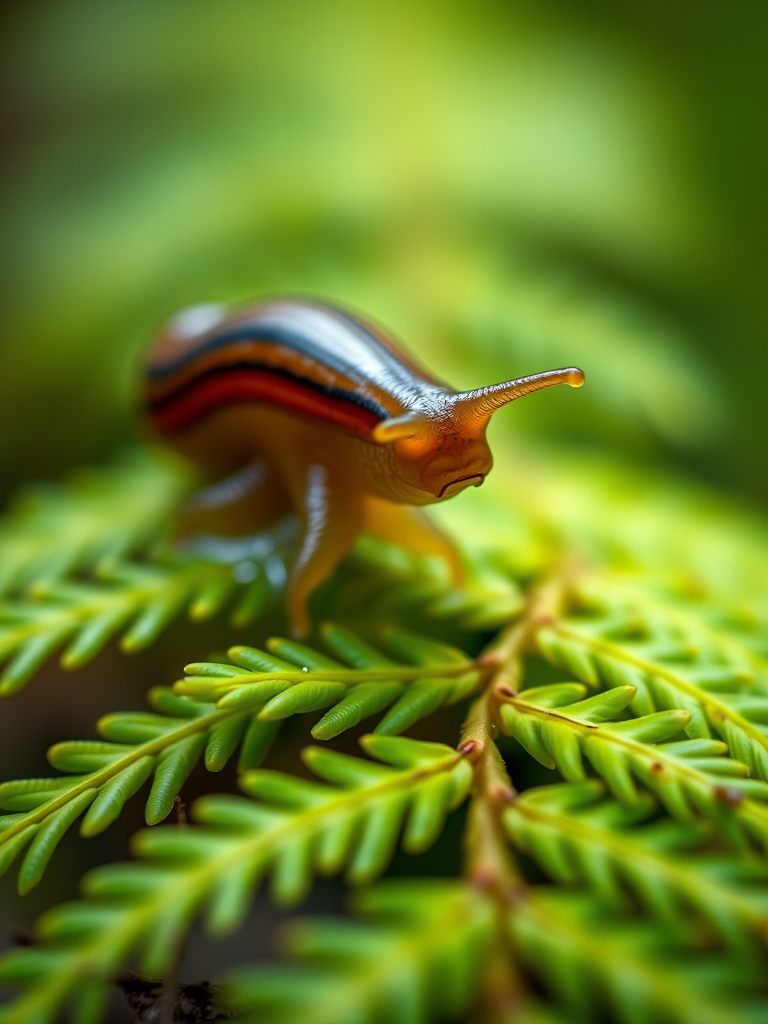 macro shot of a slug on green fern leaves with shallow depth of field, f/2.8 aperture, 100mm macro lens, ISO 200, natural light, soft focus background