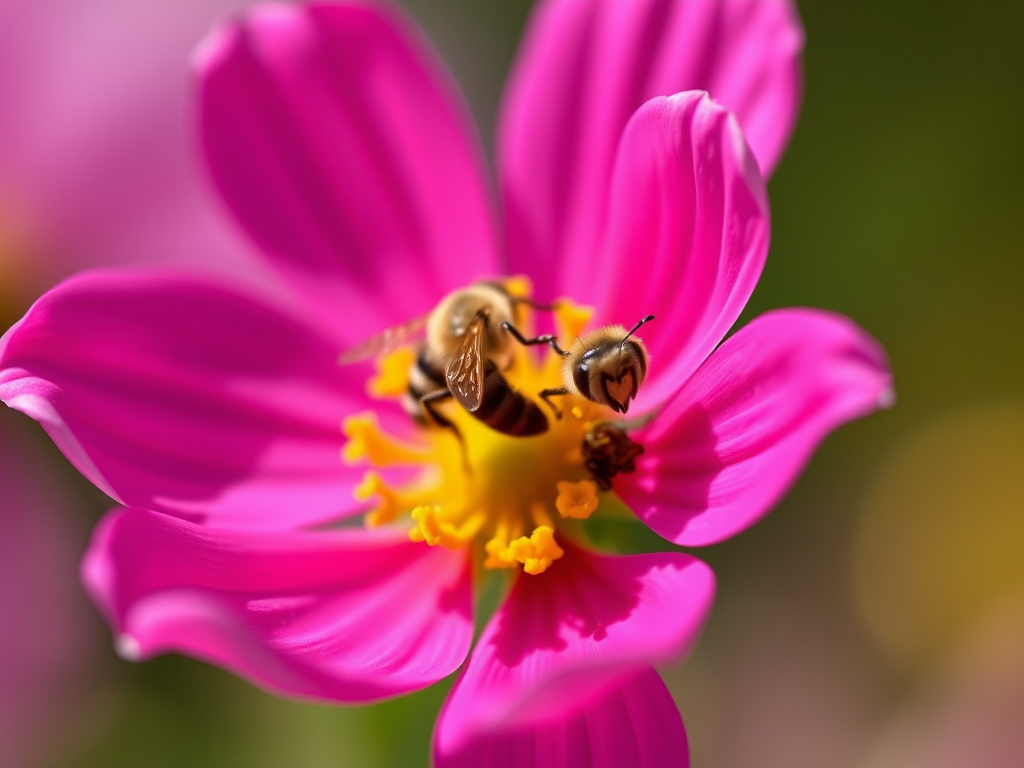 Close-up of a vibrant pink cosmos flower with a bee collecting pollen, shallow depth of field, soft bokeh background, taken with a Canon EOS R5, 85mm f/1.2 lens, ISO 100, shutter speed 1/200s, natural lighting, macro photography style.