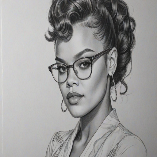 Gorgeous Andra Day, pencil sketch, portrait of Fascinating woman 1971s in glasses, hair style beatnik, outline, clear lines, fine lines, 8k