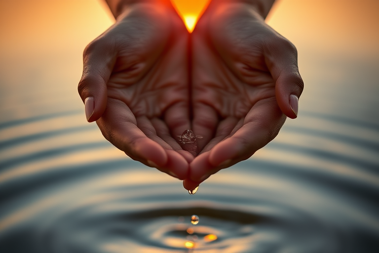 A close-up of two hands cupping water, droplets falling into a calm body of water, soft focus background, sunset lighting, camera type: DSLR, camera style: portrait, aperture: f/2.8, shutter speed: 1/200s, ISO: 100, natural light, golden hour.