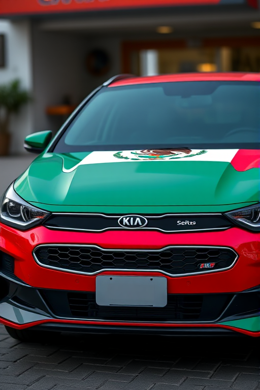 Create a high-resolution image of a Kia Seltos with the Mexican flag design covering the front, shot with a Canon EOS R5 at f/8, ISO 100, 1/250s, capturing a frontal view with a blurred background for depth.