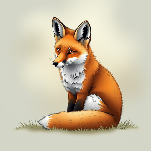 Create a detailed illustration of a sitting fox in a serene pose with soft lines and shading, using a DSLR camera type with a 50mm lens, aperture set to f/2.8 for a shallow depth of field, ISO 200 to reduce noise, and a soft-focused background to enhance the fox's features.
