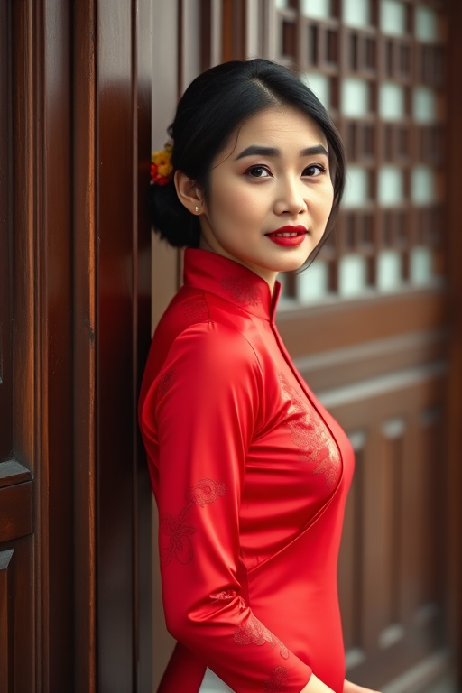 Portrait of a woman in a traditional red ao dai, standing by a wooden door, soft natural light, shallow depth of field, 50mm lens, f/1.8, ISO 100, 1/200s, Canon DSLR, captured from a side angle to highlight the fabric texture and rich colors.