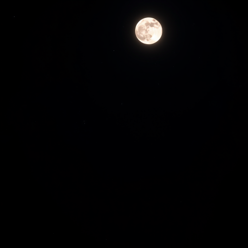Create a high-resolution image of a luminous full moon in a clear night sky with scattered stars, using a Canon EOS R5 camera, 50mm lens, f/1.8 aperture, ISO 200, 30-second exposure, capturing a wide-angle view to enhance details and clarity in the nighttime scene.