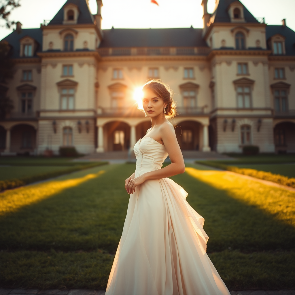 An elegant woman, dressed in a vintage gown, stands in front of a grand, historic building. The setting sun casts a warm, golden light on her