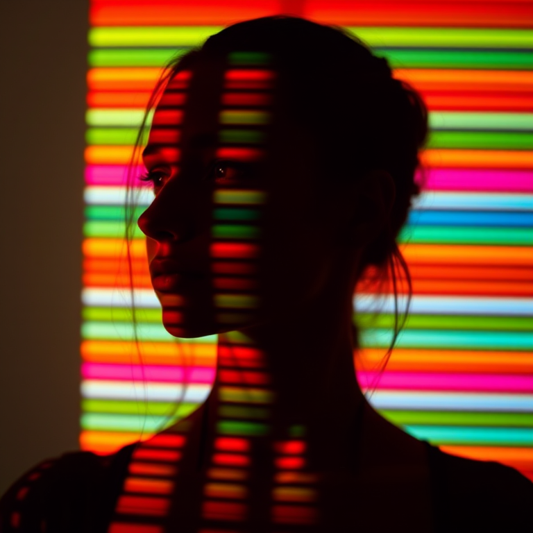 Create an abstract silhouette portrait with vibrant horizontal color lines for visual distortion, captured with a Canon EOS R5, 50mm lens, f/1.8 aperture, ISO 100, 1/200 sec shutter speed, in soft natural light, with a shallow depth of field.