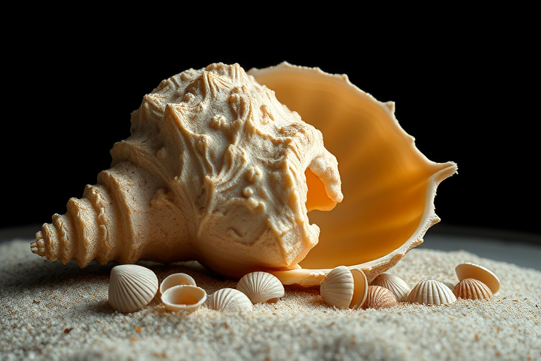 photograph of a large, intricate shell resting on fine sand with smaller shells surrounding it, taken with a macro lens at f/2.8, ISO 100, 1/200 sec, in a dark studio setting with soft, diffused lighting to enhance textures and colors.