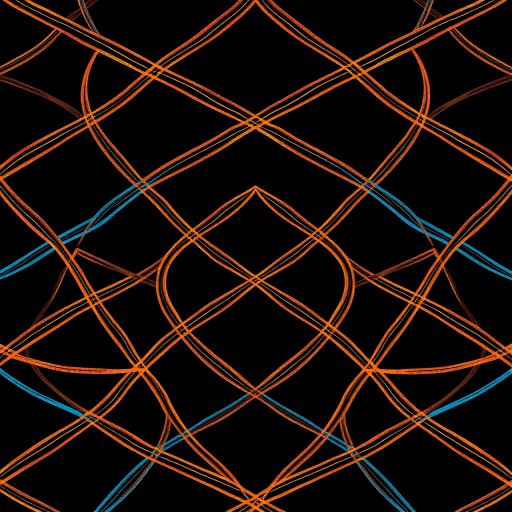 create a high-resolution seamless pattern featuring intricate interweaving lines in orange, gold, and blue against a black background, using a macro lens, f/8 aperture, 1/125s shutter speed, ISO 100, captured with a DSLR camera to enhance detail and clarity