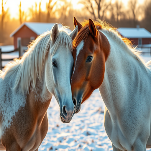 Create an image of two horses (one white and one chestnut) nuzzling in a snowy farm setting during golden hour with a DSLR camera, 50mm lens, aperture f/1.8, ISO 200, shutter speed 1/500s, shallow depth of field to enhance image quality, focusing on the horses' details.