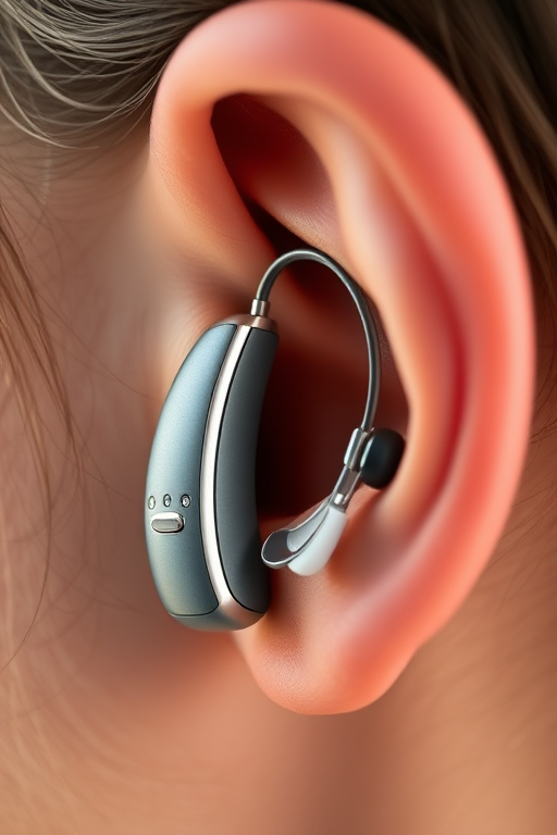 Create a high-resolution illustration of a modern hearing aid next to a human ear, with a shallow depth of field for a blurred background, using a Canon EOS R5 with a 50mm lens at f/2.8, soft natural lighting, and a slight vignette effect to enhance focus on the subjects.