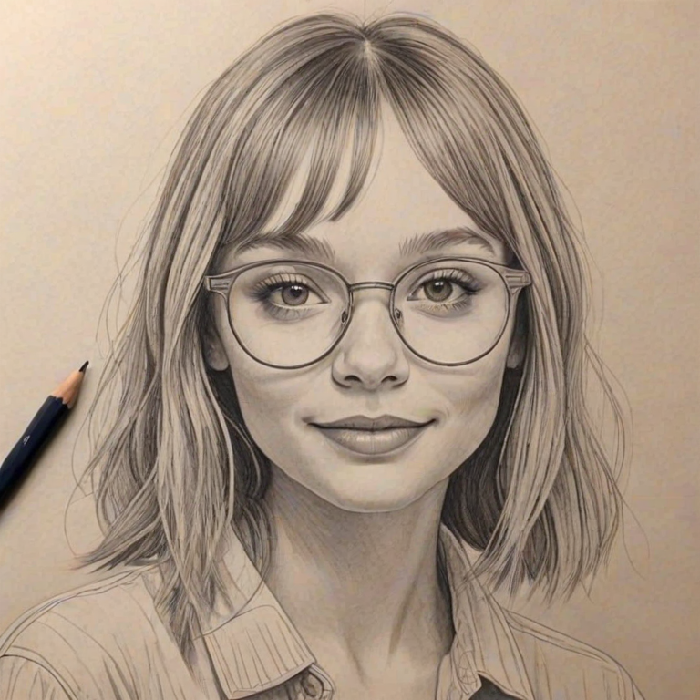 Dazzling Maddie Ziegler, pencil sketch, portrait of Beauteous woman 1924s in glasses, hair style beatnik, outline, clear lines, fine lines, 8k