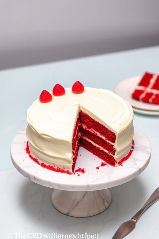 A beautifully decorated red velvet cake with cream cheese frosting on a white marble cake stand featuring a slice removed revealing layers of red cake and creamy filling with a light blue tablecloth in the background and a plate of cake slices nearby.