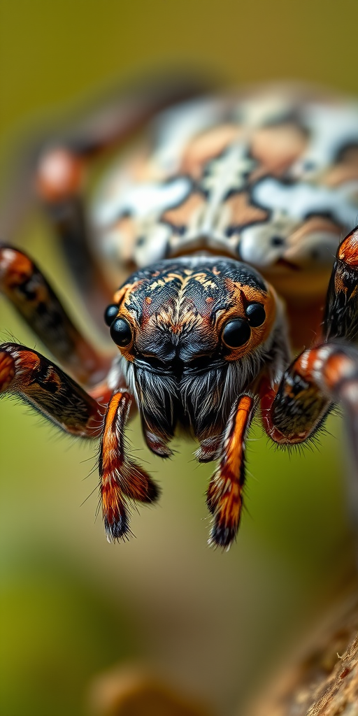 macro shot of a spider with detailed textures, natural lighting, shallow depth of field, f/2.8, 1/200 sec, ISO 100, 100mm lens, shot at eye level, DSLR camera