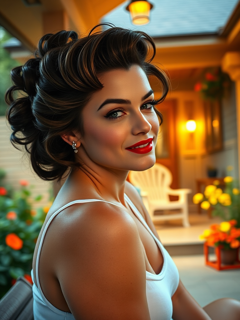 A photo of Marilyn Monroe with a background of a cozy porch. She has dark hair pulled back in an updo, with tendrils framing her face. She wears a white tank top and sits on the porch. The porch is part of a well-lit home with a warm, earthy tone and colorful flowers and foliage. The overall scene has a warm, welcoming, and comfortable ambiance.