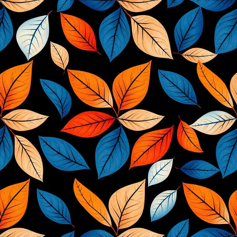Generate a seamless repeating pattern of abstract leaves in blue, orange, and white on a black background using a macro lens, f/8 aperture, ISO 100, 50mm focal length, and soft diffused lighting to enhance detail and contrast.