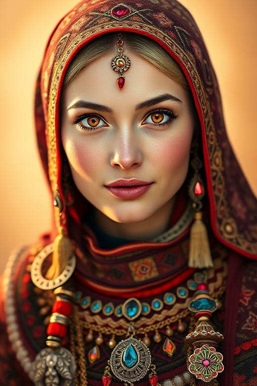 Create a portrait of a beautiful Sami woman with striking red eyes and a gentle expression. She is adorned in traditional attire with intricate patterns, including a richly embroidered headscarf and matching garments. Her jewelry includes a delicate headpiece, dangling earrings, and ornate bracelets, all featuring vibrant gemstones and detailed metalwork. The background is soft and warm, enhancing the rich colors of her outfit and jewelry.