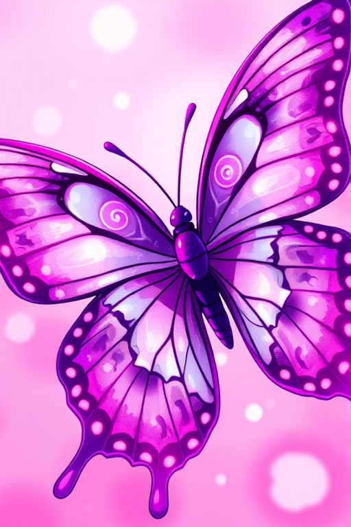 Create a vibrant butterfly illustration with intricate spiral patterns, using a high-resolution digital art style, viewed from a slight angle for depth, with a soft focus camera effect, and a color palette of pink and purple.