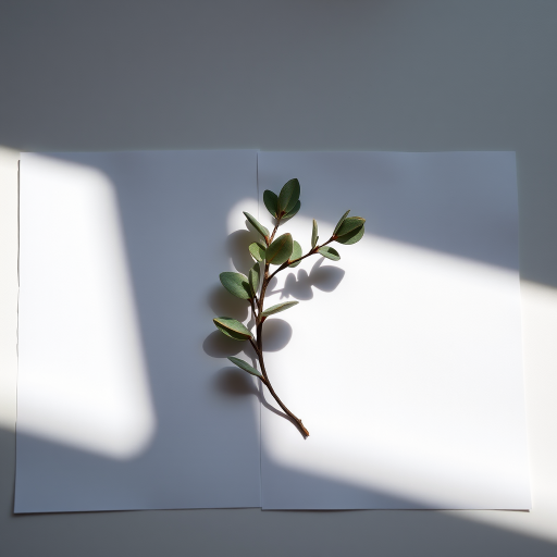 Create an image of a minimalist composition featuring two blank, textured paper sheets slightly overlapping with a single eucalyptus branch placed in the center, soft shadows cast by sunlight, shot with a Canon EOS R5 at f/2.8, 1/100s, ISO 100, using a natural light setup and a shallow depth of field for a dreamy, soft-focus effect.