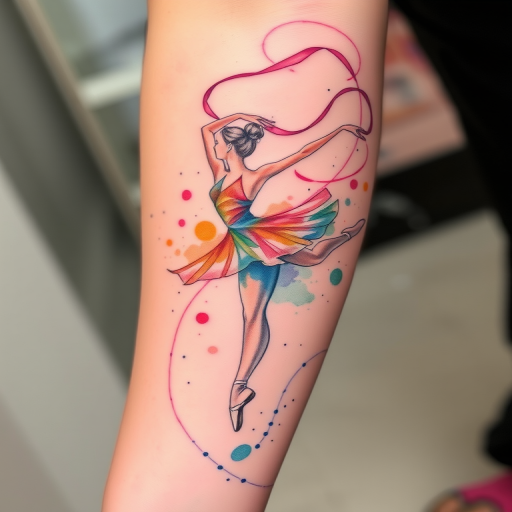 Ethereal watercolor tattoo depicting a graceful ballet dancer in motion, with flowing ribbons and abstract splashes of color creating a sense of movement and elegance
