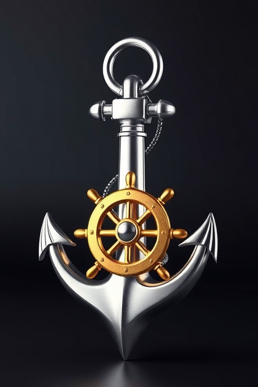 Create a high-resolution 3D render of a shiny silver anchor combined with a golden ship's wheel, using a 50mm lens at f/8, ISO 100, and a three-point lighting setup for enhanced depth and detail, viewed from a slightly elevated angle to emphasize the design and textures.