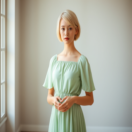 Create a full-body portrait of a young woman with short, light hair wearing a flowing, light green dress, standing with her hands gently cupped as if holding something delicate, captured in a soft-focus, natural light setting, using a DSLR camera with a 50mm lens, aperture set to f/2.8, ISO 100, and a slight vignette effect for enhanced depth.