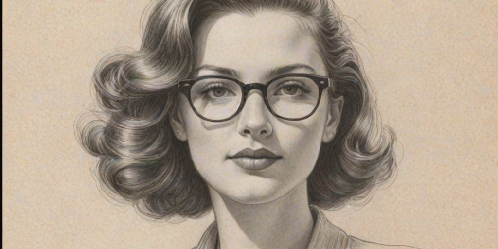 Graceful Kara Killmer, pencil sketch, portrait of Captivating woman 1944s in glasses, hair style beatnik, outline, clear lines, fine lines, 8k