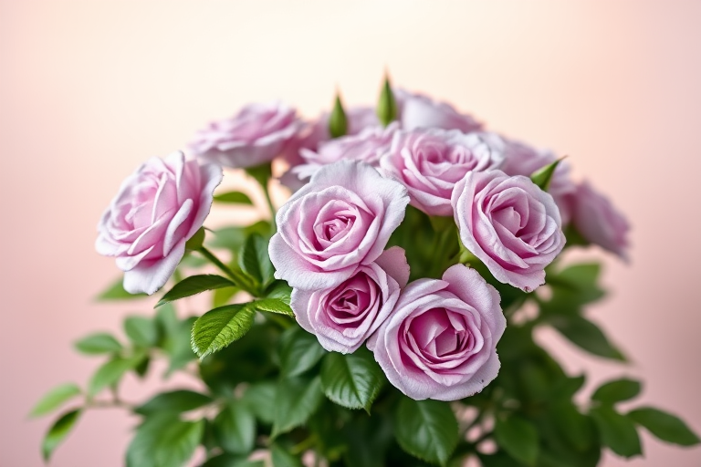 Create a high-resolution image of a cluster of lavender roses with lush green leaves against a soft gradient background, using a DSLR camera, f/2.8 aperture, 50mm lens, and a shallow depth of field to enhance detail and focus on the flowers.