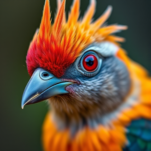 A close-up photograph of a bird with a unique crest and vibrant colors, focusing on its detailed plumage and striking red eye, taken with a DSLR camera using a 100mm macro lens, aperture set to f/2.8, shutter speed at 1/200s, ISO 200, natural light.