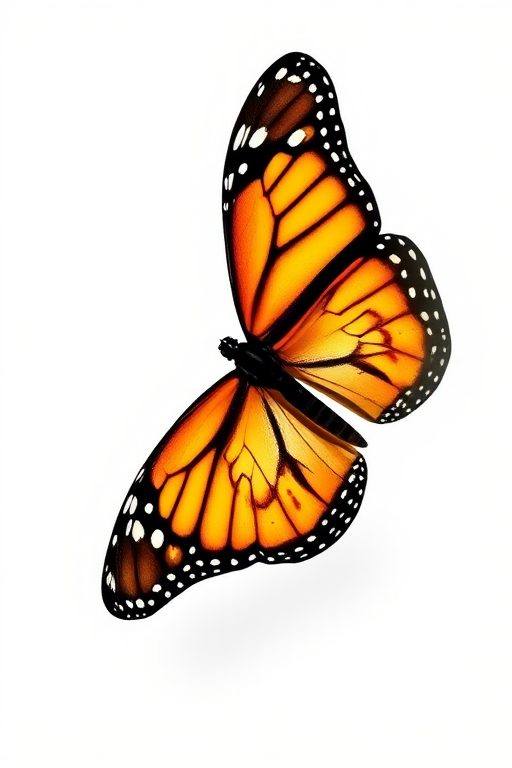 Generate an image of a monarch butterfly with vibrant orange and black wings, displaying intricate patterns, flying against a plain white background. Include a soft shadow beneath the butterfly to add depth.